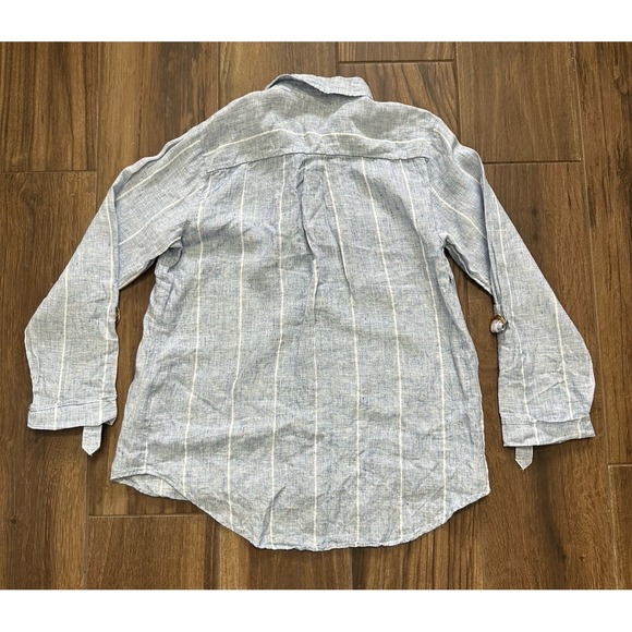 Ellen Tracy Womens 100% Linen Roll Tab Sleeve Popover Blouse Blue Sz Lg Preppy - Picture 3 of 8
